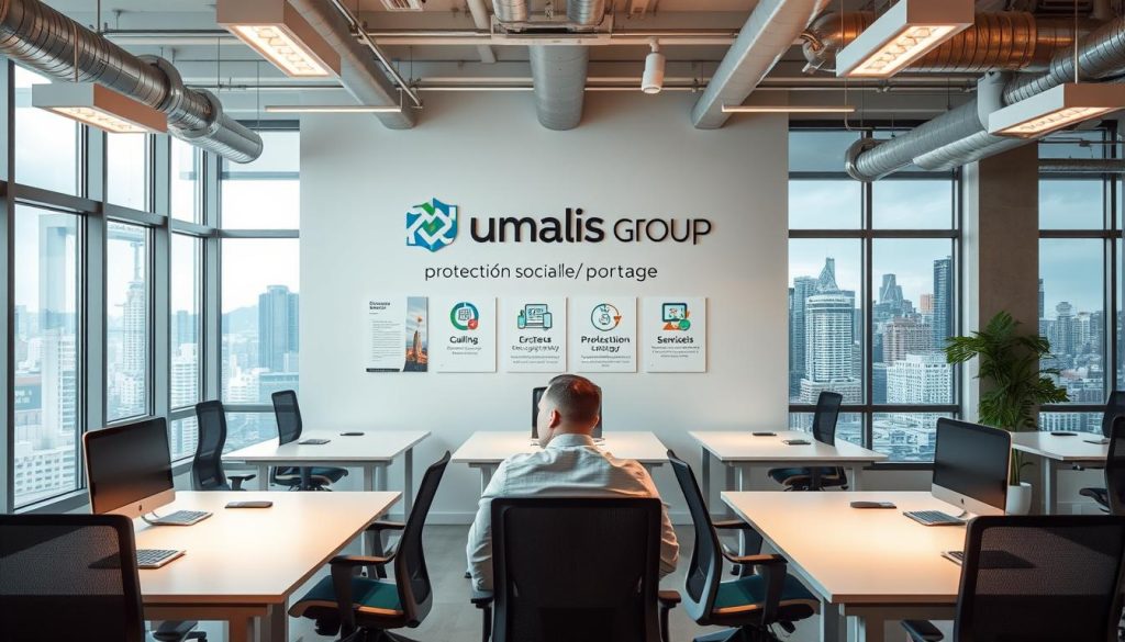 An industrial-style office interior with sleek desks, ergonomic chairs, and a large window overlooking a cityscape. In the foreground, a person sits at their desk, deep in thought, surrounded by a warm glow from task lighting. The middle ground features a wall display showcasing the Umalis Group logo and graphics related to "protection sociale portage," conveying a sense of security and stability. The background depicts a vibrant, bustling city skyline, suggesting the wide-ranging services and support the Umalis Group provides to its clients.