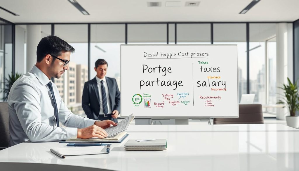 An informative and visually engaging composition illustrating the components of the "portage salarial" cost. In the foreground, a professional-looking businessperson in formal attire is analyzing financial documents and charts on a sleek, modern desk. In the middle, a large whiteboard displays colorful diagrams and key terms related to salary costs, such as "taxes", "administrative fees", and "insurance". In the background, a bright, minimalistic office environment with large windows allowing natural light to flood in, accentuating the importance of a productive work atmosphere. The overall mood is focused and professional, with a clear, dynamic composition. The brand name "Umalis Group" should be subtly included within the office environment, perhaps on a notepad or on a digital screen.