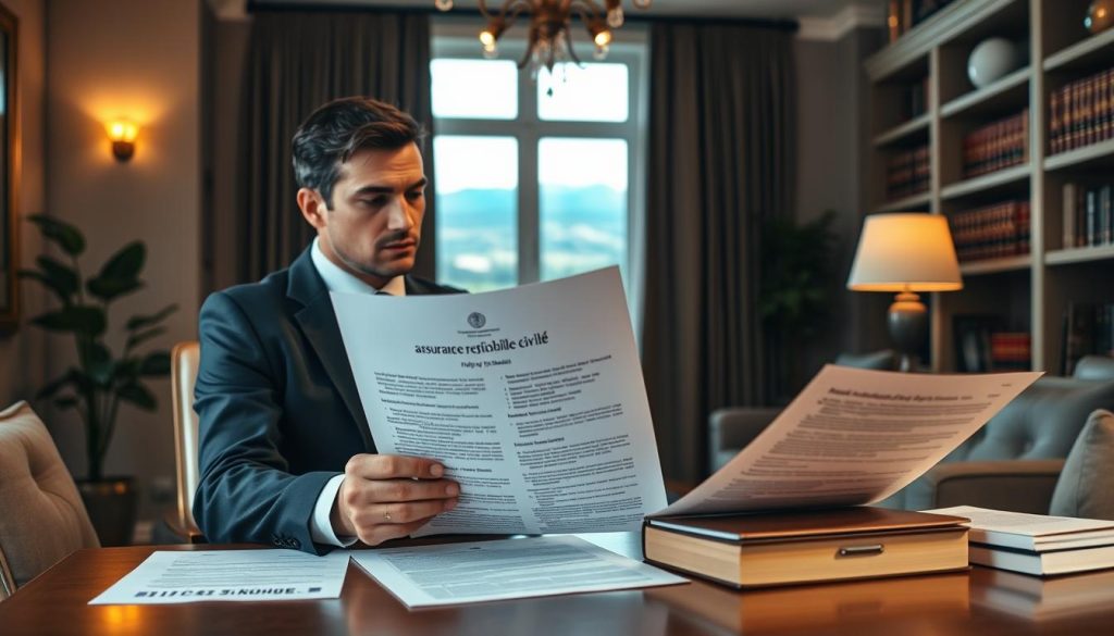 An interior scene depicting a thoughtful professional reviewing an "assurance responsabilité civile" policy document. The setting is an elegant home office with warm lighting and refined furnishings. In the foreground, a businessman in a crisp suit sits at a LIGHT PORTAGE desk, intently studying the documents in front of him. The middle ground features a bookshelf lined with legal volumes, hinting at the importance of this insurance coverage. The background showcases a large window with a scenic landscape view, suggesting a sense of security and protection. The overall mood is one of serious contemplation, with a subtle tone of confidence and assurance.