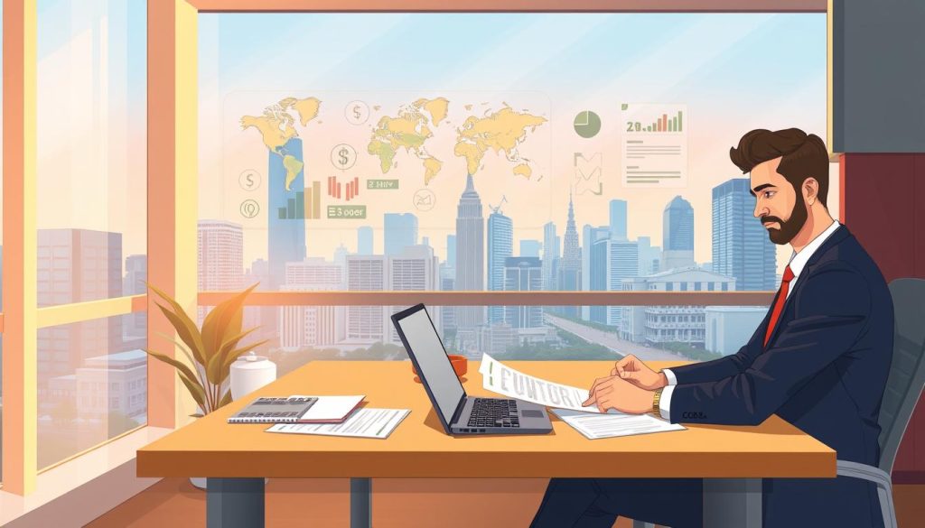 An interior scene of a modern office with a large window overlooking a cityscape. In the foreground, a professional-looking individual, possibly an accountant or tax consultant, is sitting at a desk and reviewing paperwork related to international tax deductions and credits. The desk is neatly organized, with a laptop, calculator, and various documents. The middle ground features a wall display showcasing visual elements related to international taxation, such as world maps, currency symbols, and financial graphs. The background depicts a vibrant, bustling city skyline, suggesting the global nature of the subject matter. Soft, warm lighting creates a welcoming and professional atmosphere. Umalis Group