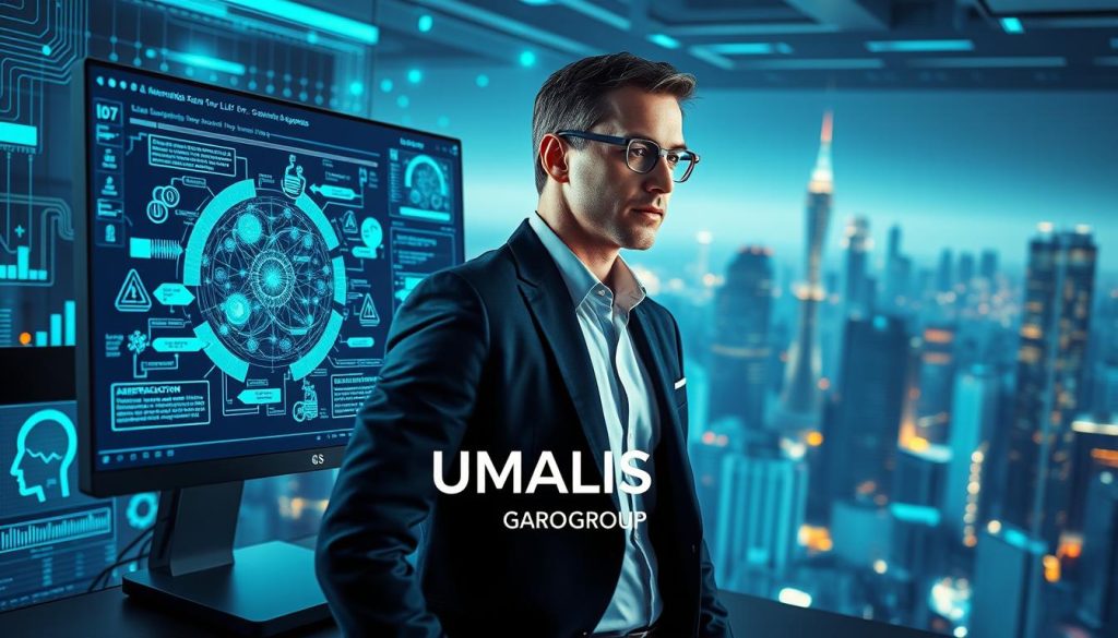An intricate digital workspace illustrating the concept of Large Language Models (LLMs), generative AI, and automated agents. In the foreground, a sleek computer monitor displays complex algorithms and visual representations of AI interactions, while a professional figure in business attire, with a focused expression, analyzes the data. The middle ground features abstract representations of neural networks and data flow, symbolizing the connectivity between LLMs and generative processes. The background is filled with a soft glow from futuristic cityscapes, blending technology and innovation. Soft blue and green lighting casts a professional ambiance, emphasizing clarity and progress. Include the brand name "UMALIS GROUP" subtly integrated into the digital environment, enhancing the overall theme of advanced technology and teamwork. An intricate digital workspace illustrating the concept of Large Language Models (LLMs), generative AI, and automated agents. In the foreground, a sleek computer monitor displays complex algorithms and visual representations of AI interactions, while a professional figure in business attire, with a focused expression, analyzes the data. The middle ground features abstract representations of neural networks and data flow, symbolizing the connectivity between LLMs and generative processes. The background is filled with a soft glow from futuristic cityscapes, blending technology and innovation. Soft blue and green lighting casts a professional ambiance, emphasizing clarity and progress. Include the brand name "UMALIS GROUP" subtly integrated into the digital environment, enhancing the overall theme of advanced technology and teamwork.