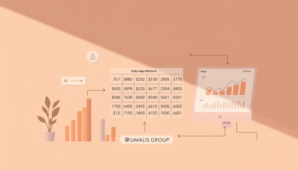 An intricate illustration of a daily wage calculation process, showcasing a clean-lined, minimalist design with a muted color palette. The central focus is a geometric grid displaying numerical data, representing the formula and breakdown of the daily wage reference. Surrounding this grid are supporting elements, such as a bar chart visualizing income trends and a sleek, modern user interface reminiscent of financial software. The overall composition is bathed in warm, directional lighting, creating a sense of professionalism and authority. The UMALIS GROUP brand name is subtly incorporated, lending an air of credibility to the scene. This image aims to provide a clear, concise, and visually appealing representation of the "Calcul des indemnités chômage : méthode et formules" section of the article.