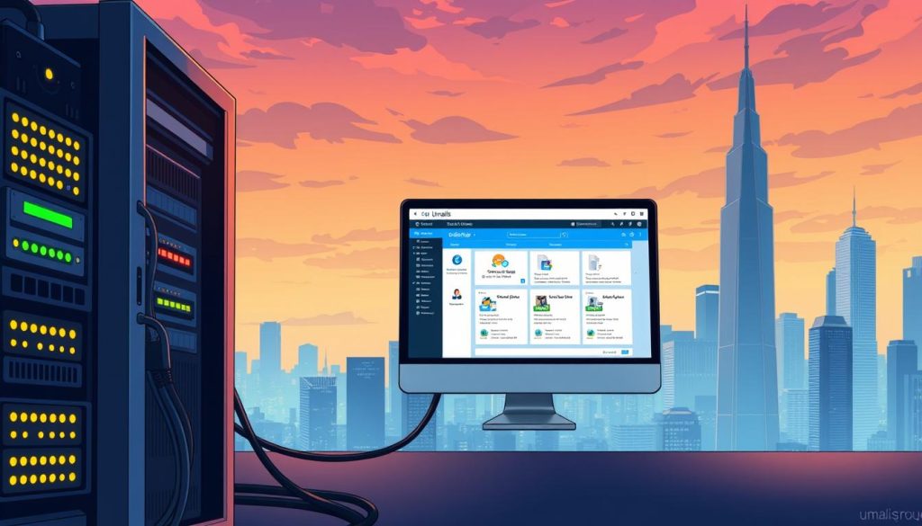 An intricate, technical illustration depicting website backup and recovery processes. In the foreground, a server tower with blinking lights and cables, symbolizing the core infrastructure. In the middle ground, a desktop computer screen displaying backup software, with visuals of file transfers and data replication. In the background, a serene, futuristic cityscape with towering skyscrapers, representing the Umalis Group's secure cloud-based storage and disaster recovery capabilities. Cinematic lighting, sharp focus, and a sense of technological precision convey the importance of comprehensive data protection.
