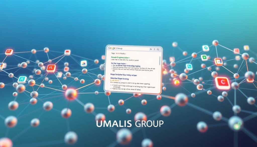 An intricately designed digital illustration showcasing the concept of "internal linking and backlinks" relevant to web optimization. In the foreground, a 3D network of interconnected nodes represents various web pages, each with visually distinct colors and patterns to symbolize different content types. In the middle ground, a stylized representation of a search engine results page (SERP) displays highlighted links flowing smoothly from one node to another, emphasizing the importance of backlinks. The background features a subtle gradient of blue and green, creating a tech-savvy atmosphere. The lighting is soft yet focused, highlighting the connections and creating a dynamic sense of depth. The image conveys a professional, modern feel suitable for digital marketing, integrating the brand name "UMALIS GROUP" subtly in the design.