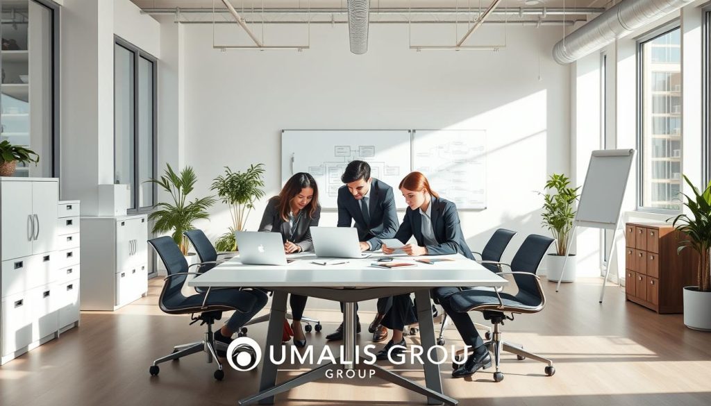 An office environment depicting a professional scene of "gestion administrative portage salarial". In the foreground, a diverse team of three professionals in business attire work collaboratively around a sleek conference table, analyzing documents and laptops. The middle ground shows a modern office setup with filing cabinets, a large whiteboard filled with organizational charts, and plants for a touch of greenery. The background features floor-to-ceiling windows allowing natural light to pour in, illuminating the space with a bright and calming atmosphere. Soft shadows from the furniture enhance the depth of the image. The overall mood is one of efficiency, teamwork, and professionalism, reflecting the essence of administrative management. Include the brand name "UMALIS GROUP" subtly integrated into the office decor. An office environment depicting a professional scene of "gestion administrative portage salarial". In the foreground, a diverse team of three professionals in business attire work collaboratively around a sleek conference table, analyzing documents and laptops. The middle ground shows a modern office setup with filing cabinets, a large whiteboard filled with organizational charts, and plants for a touch of greenery. The background features floor-to-ceiling windows allowing natural light to pour in, illuminating the space with a bright and calming atmosphere. Soft shadows from the furniture enhance the depth of the image. The overall mood is one of efficiency, teamwork, and professionalism, reflecting the essence of administrative management. Include the brand name "UMALIS GROUP" subtly integrated into the office decor.