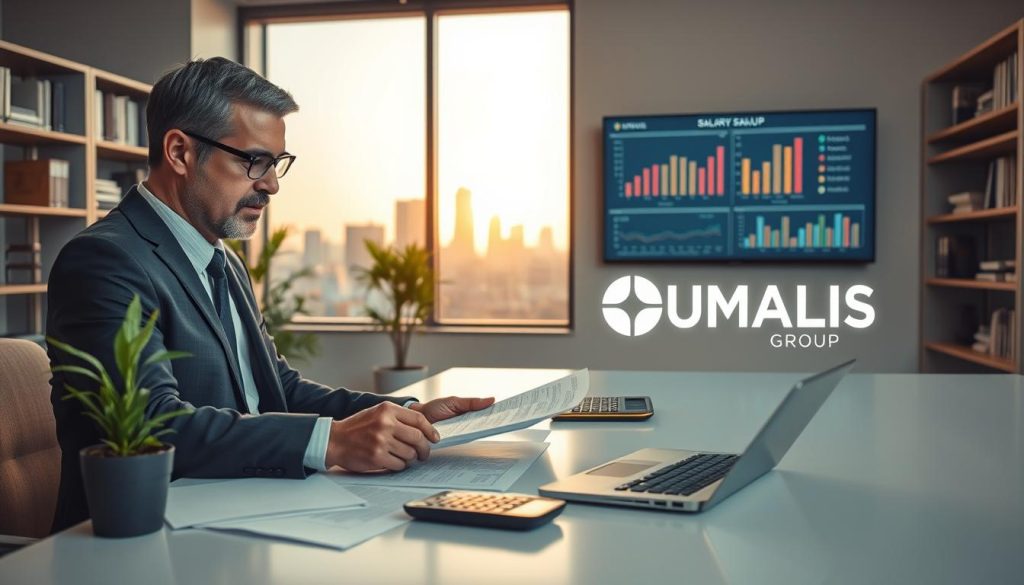 An office environment illustrating the concept of salary estimation for freelance consultants in a professional setting. In the foreground, a well-dressed consultant, a middle-aged man, appears focused as he analyzes documents on a modern laptop, surrounded by financial papers and a calculator. He is seated at a sleek desk with a plant nearby, suggesting a productive atmosphere. In the middle ground, a large window reveals a city skyline, bathed in warm afternoon light, creating an inviting ambiance. The background features shelves filled with books and a wall-mounted monitor displaying graphs and statistics related to salary simulation. The overall mood is professional and analytical, embodying the essence of preparing for salary simulations in a consulting career. The logo "UMALIS GROUP" subtly integrated into the decor. An office environment illustrating the concept of salary estimation for freelance consultants in a professional setting. In the foreground, a well-dressed consultant, a middle-aged man, appears focused as he analyzes documents on a modern laptop, surrounded by financial papers and a calculator. He is seated at a sleek desk with a plant nearby, suggesting a productive atmosphere. In the middle ground, a large window reveals a city skyline, bathed in warm afternoon light, creating an inviting ambiance. The background features shelves filled with books and a wall-mounted monitor displaying graphs and statistics related to salary simulation. The overall mood is professional and analytical, embodying the essence of preparing for salary simulations in a consulting career. The logo "UMALIS GROUP" subtly integrated into the decor.