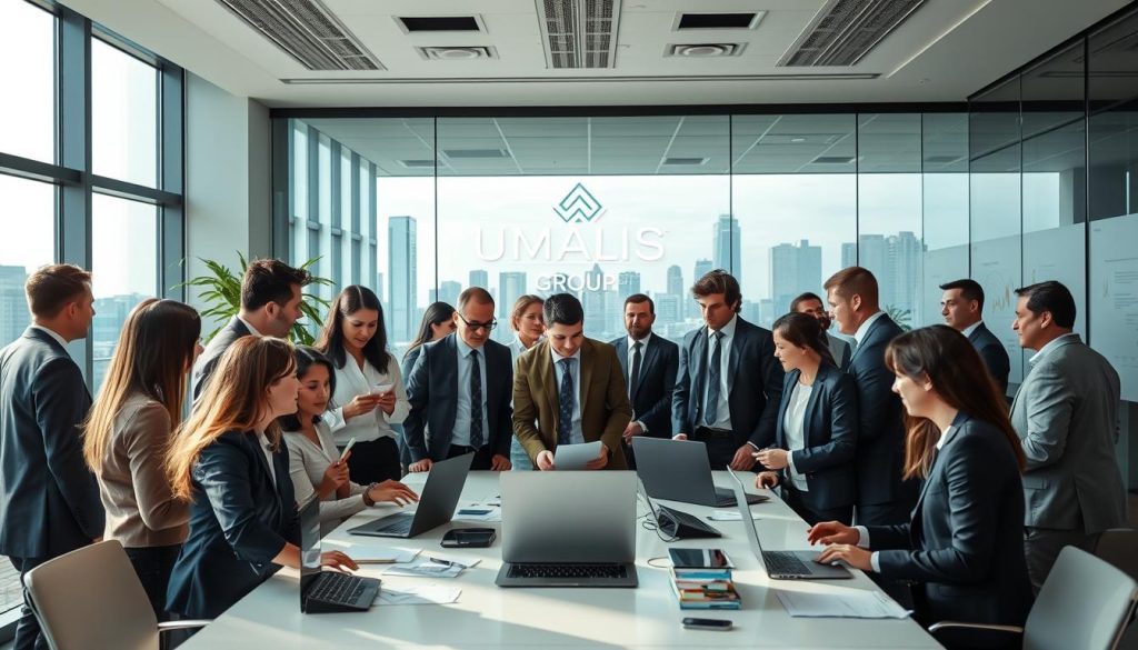 An office environment representing "OpenWork portage salarial" amidst bustling professionals. In the foreground, a diverse group of individuals in smart business attire, discussing ideas around a sleek conference table with laptops and documents. In the middle, a large window allows natural light to flood the room, showing a modern city skyline outside, symbolizing growth and opportunity. On the walls, charts and graphs hint at financial success and streamlined processes. In the background, a stylish logo for "UMALIS GROUP" subtly showcased on the glass wall. The atmosphere is dynamic and empowering, conveying professionalism and efficiency, with well-balanced lighting enhancing the scene's clarity and focus, captured from a slightly elevated angle to emphasize collaboration. An office environment representing "OpenWork portage salarial" amidst bustling professionals. In the foreground, a diverse group of individuals in smart business attire, discussing ideas around a sleek conference table with laptops and documents. In the middle, a large window allows natural light to flood the room, showing a modern city skyline outside, symbolizing growth and opportunity. On the walls, charts and graphs hint at financial success and streamlined processes. In the background, a stylish logo for "UMALIS GROUP" subtly showcased on the glass wall. The atmosphere is dynamic and empowering, conveying professionalism and efficiency, with well-balanced lighting enhancing the scene's clarity and focus, captured from a slightly elevated angle to emphasize collaboration.