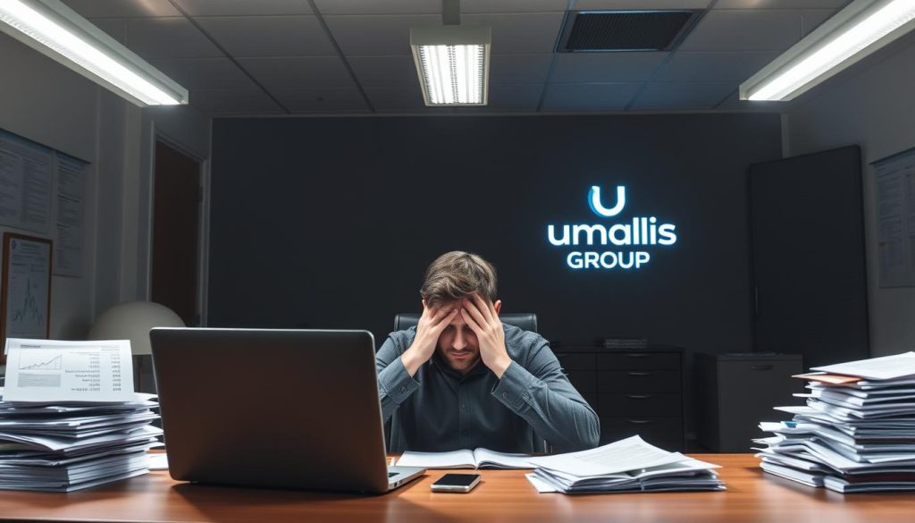 An office environment with a freelancer struggling with the disadvantages of the "portage salarial" system. In the foreground, a frustrated individual sits at a desk, surrounded by piles of paperwork and a laptop displaying complex financial calculations. The middle ground features a Umalis Group logo, symbolizing the portage salarial company, with a sense of uncertainty and hesitation. The background is dimly lit, conveying a feeling of confinement and limited options. The scene is illuminated by a harsh, overhead fluorescent light, casting shadows and creating a sense of discomfort. The overall atmosphere is one of administrative complexity, bureaucratic hurdles, and the limitations of the portage salarial model for the freelancer.
