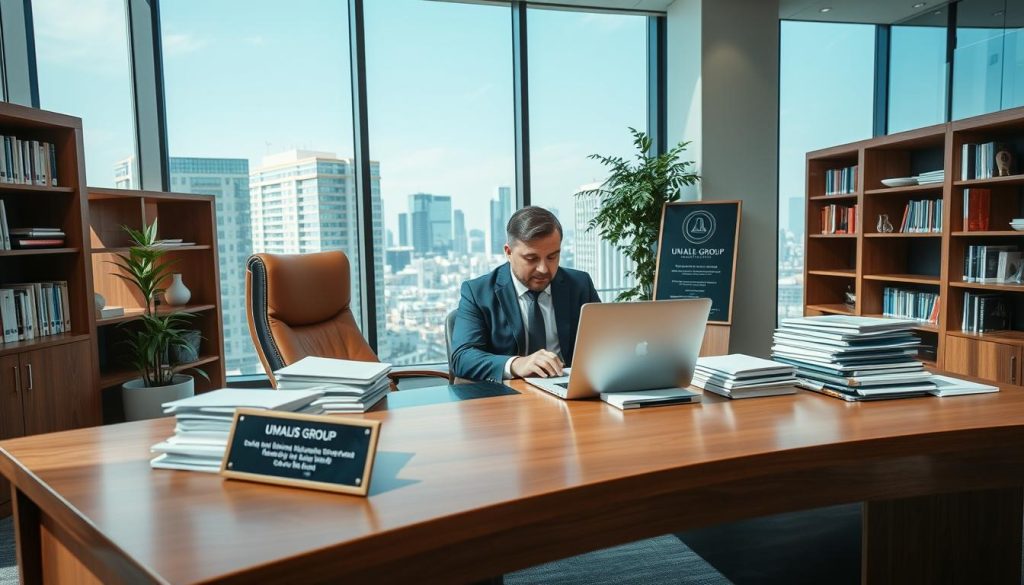 An office interior showcasing a professional financial consultant at work. A well-lit, contemporary workspace with a large, wooden desk, a high-backed leather chair, and floor-to-ceiling windows overlooking a cityscape. The consultant, wearing a sharp, tailored suit, is focused on a laptop, surrounded by stacks of documents and a Umalis Group logo plaque. Bookshelves line the walls, and a potted plant adds a touch of greenery. The overall atmosphere conveys a sense of expertise, professionalism, and financial acumen.