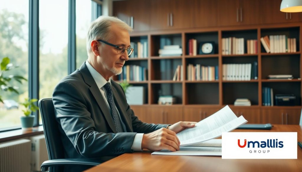 An office interior with a desk, chair, and bookshelves in the background. A middle-aged person in business attire sits at the desk, reviewing documents related to paid leave and employment status. Warm, natural lighting filters through large windows, creating a professional yet welcoming atmosphere. The Umalis Group logo is subtly displayed on the desk or wall. The overall scene conveys the concept of "paid leave in a salarial portage" and the rights associated with it.