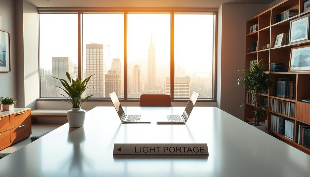 An office interior with a large window overlooking a city skyline, bathed in warm, natural light. In the foreground, a sleek, minimalist desk with a laptop and a potted plant. On the desk, a nameplate reads "LIGHT PORTAGE - freelance legal status". The walls are lined with bookshelves and framed art, creating a professional yet cozy atmosphere. The scene conveys a sense of productivity, focus, and the freedom of working as a freelance professional.