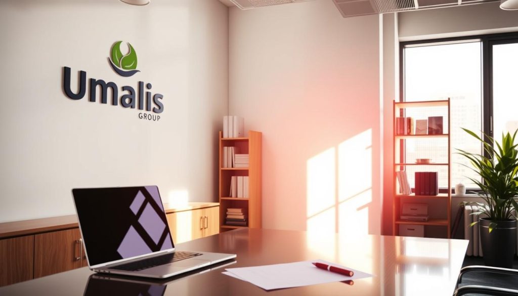 An office interior with a sleek, modern design featuring the Umalis Group logo prominently displayed on the wall. Sunlight streams in through large windows, casting a warm glow over a desk with a laptop, documents, and a pen. In the background, shelves hold reference materials and office supplies, while a potted plant adds a touch of greenery. The scene conveys a professional, yet relaxed atmosphere, suitable for a discussion on the differences between salarial and real estate portage.