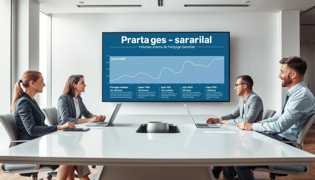 An office meeting scene illustrating the concept of "Portage salarial" with a historical context. In the foreground, a diverse group of four professionals (two women and two men) in smart business attire are engaged in a discussion around a sleek conference table, with laptops and documents spread out. The middle ground features a large digital screen displaying key historical milestones related to "Portage salarial" since its inception, including timelines and graphical representations. The background shows a modern office with large windows letting in natural light, giving a bright and optimistic atmosphere. Soft, neutral colors dominate the scene, enhancing professionalism. The image subtly incorporates the brand name "UMALIS GROUP" into the background design. An office meeting scene illustrating the concept of "Portage salarial" with a historical context. In the foreground, a diverse group of four professionals (two women and two men) in smart business attire are engaged in a discussion around a sleek conference table, with laptops and documents spread out. The middle ground features a large digital screen displaying key historical milestones related to "Portage salarial" since its inception, including timelines and graphical representations. The background shows a modern office with large windows letting in natural light, giving a bright and optimistic atmosphere. Soft, neutral colors dominate the scene, enhancing professionalism. The image subtly incorporates the brand name "UMALIS GROUP" into the background design.
