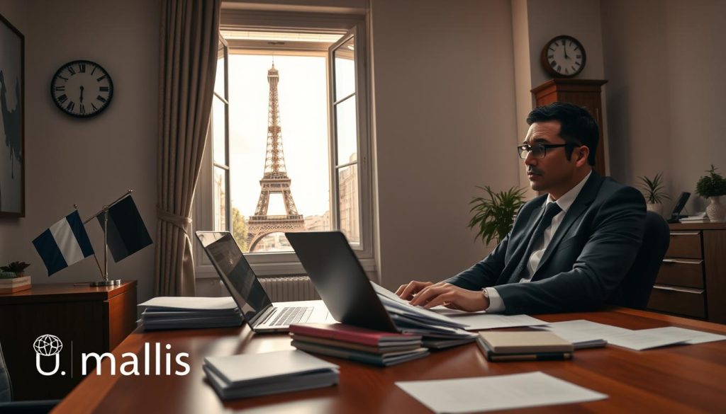 An office scene depicting a professional and focused international consultant checking work eligibility requirements for an umbrella company in France. In the foreground, a well-dressed consultant, wearing a suit, is seated at a sleek wooden desk cluttered with documents and a laptop displaying government websites related to work eligibility. The middle ground features a large window showcasing a view of a classic Parisian street with Eiffel Tower visible in the distance, bathed in warm, natural daylight. The background has subtle hints of French culture, such as a small French flag on the desk and a vintage clock on the wall. The atmosphere is professional and serious, emphasizing diligence and thoroughness, suitable for an article on consulting. The brand name "Umalis Group" is subtly included in the decor of the office space, creating a cohesive setting.
