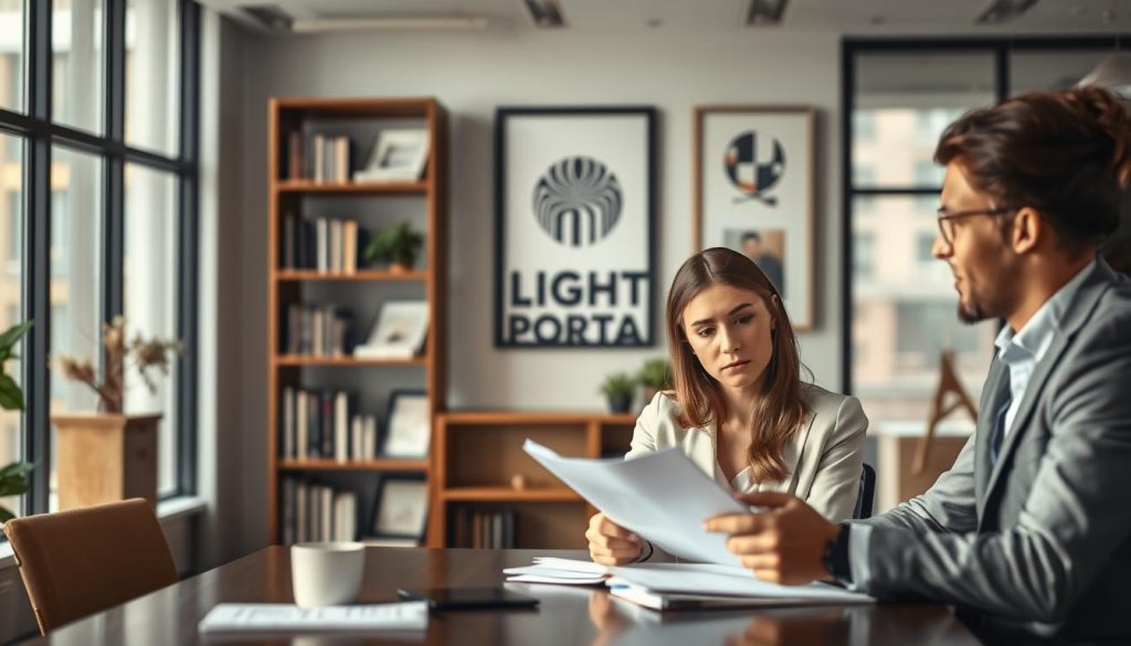 An office scene depicting two professionals discussing independent work arrangements. In the foreground, a woman in a light-colored blouse and a man in a suit sit at a desk, examining documents and discussing options. The LIGHT PORTAGE brand logo is visible on the wall behind them, hinting at the topic of salarial portage and temporary employment. The middle ground features bookshelves and framed artwork, creating a professional, yet warm atmosphere. The background is slightly blurred, suggesting an urban office environment with large windows providing natural lighting. The overall mood is one of thoughtful discussion and decision-making around the complexities of independent work.