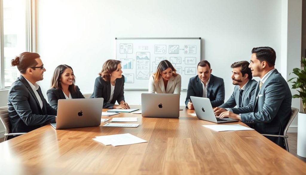 An office scene illustrating "accompagnement" in a professional context. In the foreground, a diverse group of three individuals in business attire—one woman and two men—are engaged in a collaborative discussion around a sleek wooden table, with laptops and documents scattered in front of them. The middle ground features a whiteboard filled with diagrams and graphs, hinting at strategic planning and support services. In the background, a large window lets in natural light, illuminating the modern office space and giving a sense of openness. The atmosphere is focused and energetic, reflecting teamwork and the importance of selecting the right support services. The brand name "UMALIS GROUP" is subtly integrated into a small logo on one of the laptops. An office scene illustrating "accompagnement" in a professional context. In the foreground, a diverse group of three individuals in business attire—one woman and two men—are engaged in a collaborative discussion around a sleek wooden table, with laptops and documents scattered in front of them. The middle ground features a whiteboard filled with diagrams and graphs, hinting at strategic planning and support services. In the background, a large window lets in natural light, illuminating the modern office space and giving a sense of openness. The atmosphere is focused and energetic, reflecting teamwork and the importance of selecting the right support services. The brand name "UMALIS GROUP" is subtly integrated into a small logo on one of the laptops.