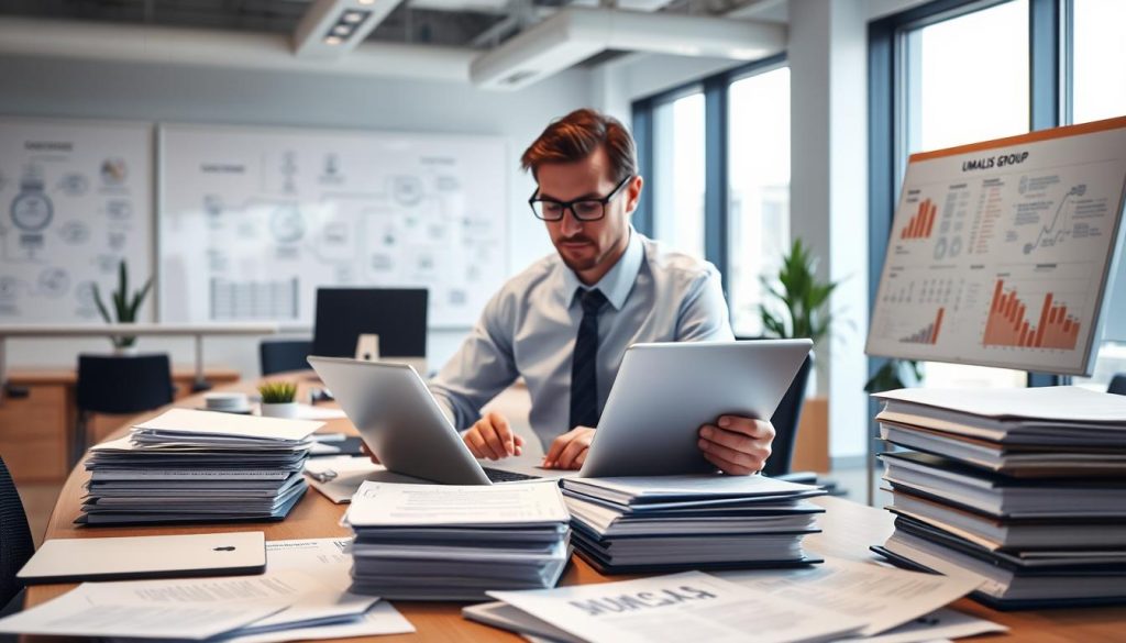 An office scene representing the optimization of administrative processes, featuring a central figure in professional attire working diligently at a modern desk, using digital tools like a laptop and tablet. In the foreground, papers and folders are neatly organized, showcasing efficiency. The middle ground includes a whiteboard filled with flowcharts and process maps, symbolizing streamlined workflows. The background reveals a bright and spacious office environment with large windows letting in natural light, enhancing a sense of productivity. The atmosphere is focused yet inviting, demonstrating professionalism and commitment to time optimization. Subtle branding elements of "UMALIS GROUP" are integrated into the office decor. The image uses soft lighting to create a warm and inspirational mood, captured from a slightly elevated angle to emphasize the organized workspace. An office scene representing the optimization of administrative processes, featuring a central figure in professional attire working diligently at a modern desk, using digital tools like a laptop and tablet. In the foreground, papers and folders are neatly organized, showcasing efficiency. The middle ground includes a whiteboard filled with flowcharts and process maps, symbolizing streamlined workflows. The background reveals a bright and spacious office environment with large windows letting in natural light, enhancing a sense of productivity. The atmosphere is focused yet inviting, demonstrating professionalism and commitment to time optimization. Subtle branding elements of "UMALIS GROUP" are integrated into the office decor. The image uses soft lighting to create a warm and inspirational mood, captured from a slightly elevated angle to emphasize the organized workspace.