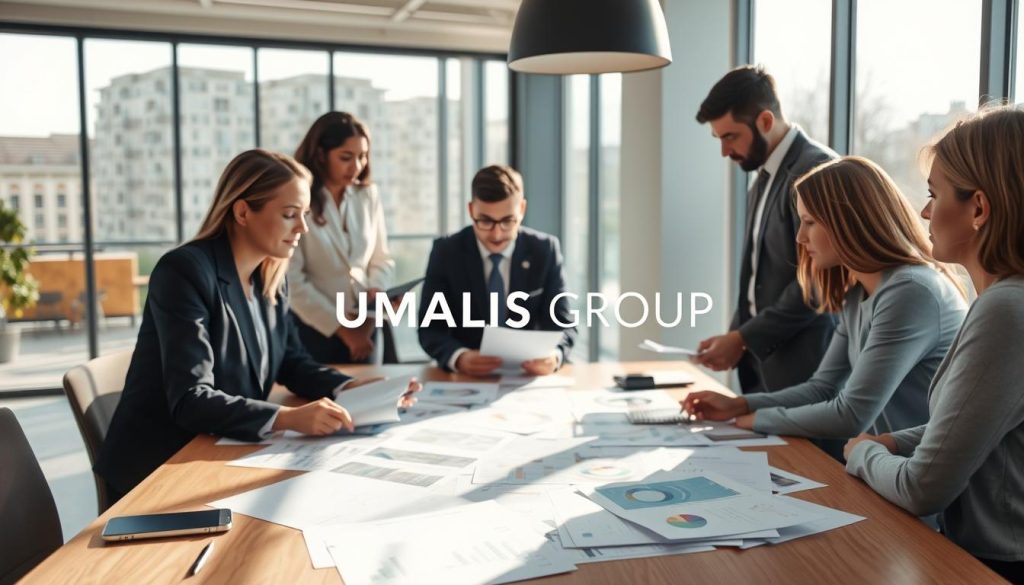 An office scene showcasing a business professional discussing “démarches administratives portage salarial” with clients. In the foreground, a diverse group of individuals in professional attire are engaged in a serious conversation, using documents and a laptop. The middle of the image features a large table strewn with papers, featuring charts and graphs, symbolizing administrative processes. The background shows a modern office environment with large windows, letting in natural light that creates a bright, optimistic atmosphere. Soft shadows enhance depth. The overall mood is collaborative and focused, emphasizing decision-making in the context of independent work alternatives. The brand name “UMALIS GROUP” is subtly integrated into a document on the table.