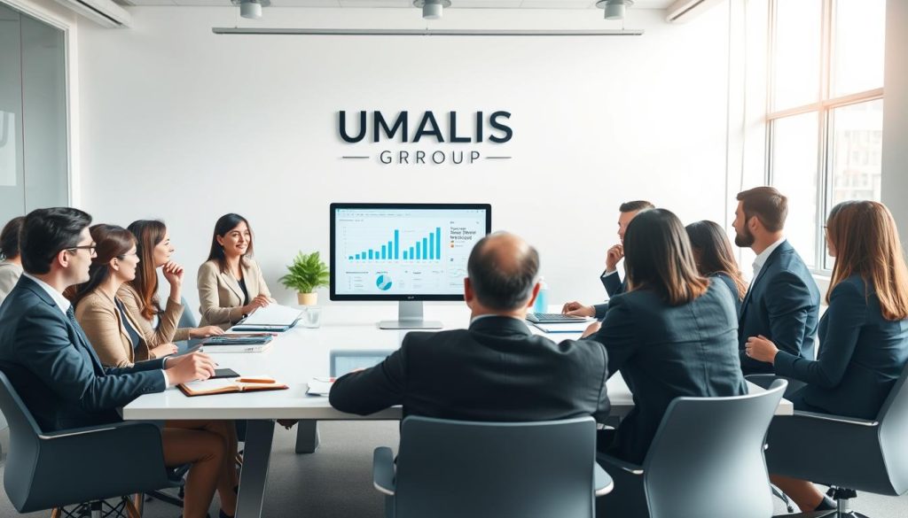 An office scene showcasing the concept of "gestion administrative portage salarial" with a focus on simplicity and efficiency. In the foreground, a diverse group of professionals in smart business attire engaged in collaborative discussion around a sleek modern table, surrounded by organized documents and digital devices. In the middle, a computer screen displays clear graphs and project management software, symbolizing streamlined administrative processes. The background features an open, bright office space with large windows allowing natural light to flood in, creating an uplifting atmosphere. Soft, diffused lighting enhances productivity while emphasizing a sense of security and flexibility inherent in the portage salarial system. Include the branding "UMALIS GROUP" displayed on a wall in the background to integrate the company into the scene.