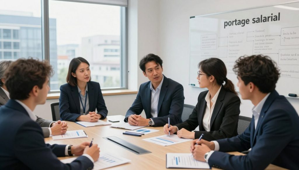 An office setting depicting a professional meeting about "portage salarial" in France. In the foreground, a diverse group of business professionals in smart attire engaged in discussion, with charts and documents spread on a conference table. In the middle ground, a large window allows soft, natural light to fill the space, showcasing a modern cityscape. The background features a whiteboard filled with key terms and concepts related to legal frameworks and conditions for portage salarial. The mood is focused and collaborative, emphasizing the importance of understanding professional frameworks. The lighting is bright yet soft, creating a welcoming atmosphere. The camera angle is slightly elevated, capturing the dynamics of the meeting from a strategic viewpoint.