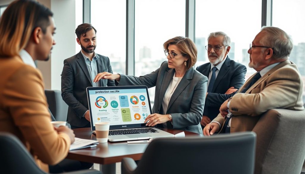 An office setting featuring a diverse group of four professionals discussing "protection sociale" in a comfortable meeting room. In the foreground, a middle-aged woman in a smart blazer points to a colorful infographic on a laptop screen, illustrating social security benefits. Flanking her are a young man in business casual and an older man in a suit, listening attentively, with paperwork and coffee cups on the table. In the background, large windows let in natural light, displaying a city skyline. The atmosphere is collaborative and focused, emphasizing professionalism and teamwork. Soft lighting enhances warm tones, creating an inviting and engaging environment, while a subtle depth of field effects highlight the central discussion.