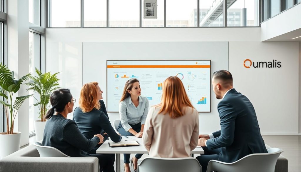 An office setting featuring a team of consultants from the Umalis Group, showcasing their expertise in the "portage salarial" service. The scene depicts a modern, well-lit workspace with sleek, minimalist furniture, and large windows providing a bright, airy atmosphere. In the foreground, a group of professionals are engaged in a collaborative discussion, their body language and facial expressions conveying a sense of professionalism and problem-solving. The middle ground features a large, interactive whiteboard displaying relevant information, while the background showcases Umalis Group's branding and corporate identity. The overall mood is one of efficiency, expertise, and a commitment to providing exceptional service to their clients.