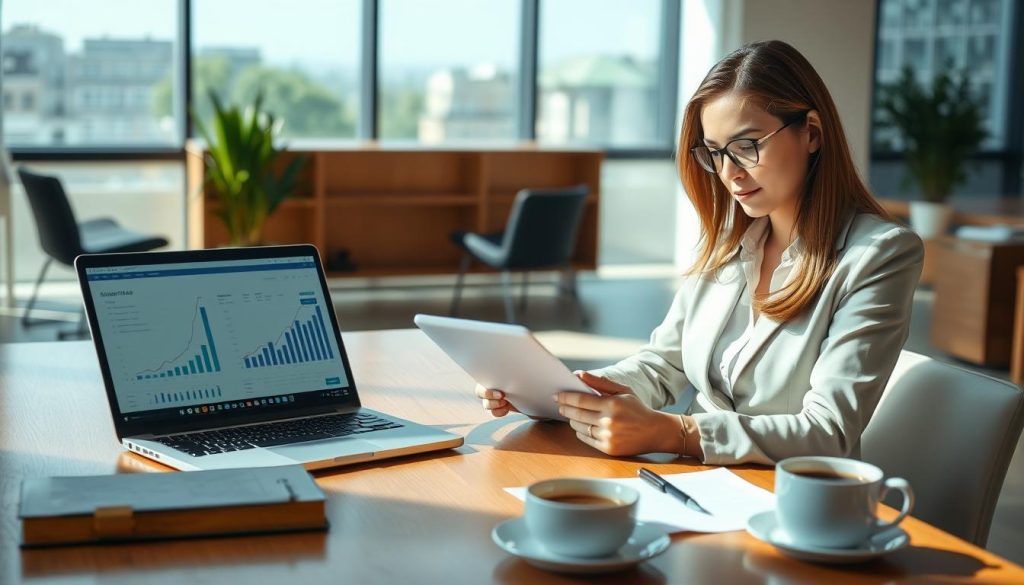 An office setting highlighting the theme of "activity account and salary in portage." In the foreground, a professional woman in business attire, focused on reviewing a digital document on her laptop, with financial charts visible on the screen. In the middle ground, an elegant wooden desk with a notepad, pen, and a coffee cup, symbolizing productivity. The background features a modern office with large windows allowing natural light to flood in, casting soft shadows. The atmosphere is calm and organized, emphasizing clarity and focus. Subtle branding of "UMALIS GROUP" could be integrated into the office design, such as a logo on a wall or a document. The image is captured with a wide-angle lens to provide depth, evoking a sense of professionalism and diligence.