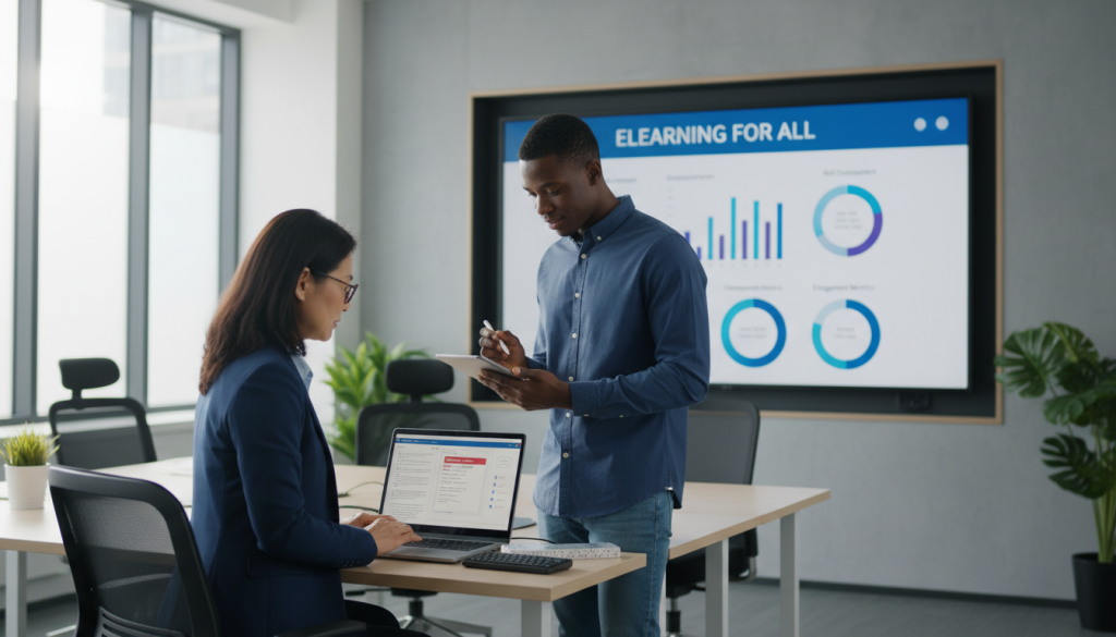 An office setting illustrating eLearning accessibility for employees, featuring a diverse group of professionals engaged in an online training session. In the foreground, a middle-aged woman in business attire is using a laptop with assistive technology tools, while a young man beside her, dressed in smart casual clothing, participates through a tablet. The middle section shows an interactive digital screen displaying colorful graphs and infographics. In the background, a well-organized office with muted lighting creates a calming atmosphere, featuring comfortable desks and ergonomic chairs. Soft diffused light filters through large windows, enhancing the sense of inclusivity and focus on learning. The overall mood is collaborative and supportive, emphasizing the benefits of eLearning accessibility in a modern workplace.