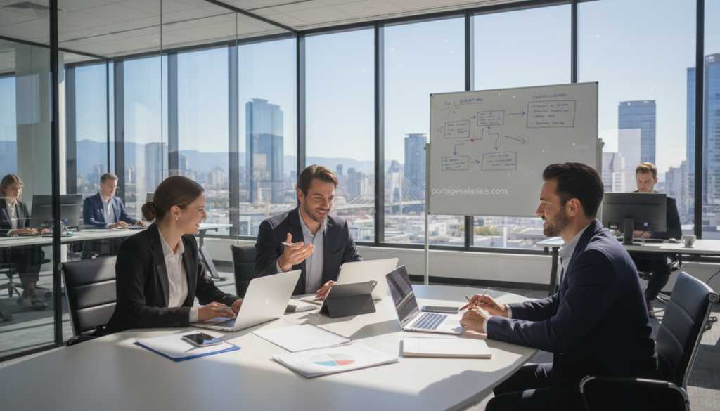 An office setting illustrating the concept of "entreprise cliente travail salarié." In the foreground, a diverse group of three professionals in smart business attire are engaged in a collaborative discussion around a conference table, surrounded by open laptops and notepads. The middle ground features an elegant office space with glass walls, modern furniture, and a whiteboard filled with strategic diagrams. In the background, large windows reveal a bustling cityscape under a bright, sunny sky, symbolizing opportunities. The lighting is bright and natural, creating a warm, inviting atmosphere. The overall mood is one of professionalism and collaboration. Include the brand name "portagesalarials.com" subtly integrated into the setting, conveying a focus on the legal framework and benefits of salaried portability in France.