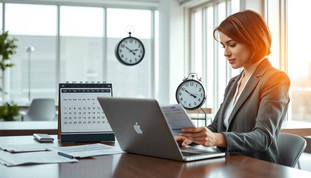 An office setting showcasing a professional environment focused on project management and financial planning. In the foreground, a well-dressed businesswoman with short brown hair sits at a modern desk, calculating billable days on a laptop, surrounded by spreadsheets and financial reports. In the middle, an elegant calendar and a clock emphasize time management, suggesting the integration of holidays into revenue goals. The background features a sleek, contemporary office with large windows allowing natural light to flood the space, creating a bright and motivating atmosphere. The overall mood is focused and professional, reflecting the theme of effective time and revenue management in the context of freelance work. Include a subtle logo of "UMALIS GROUP" on the desk for branding consistency.