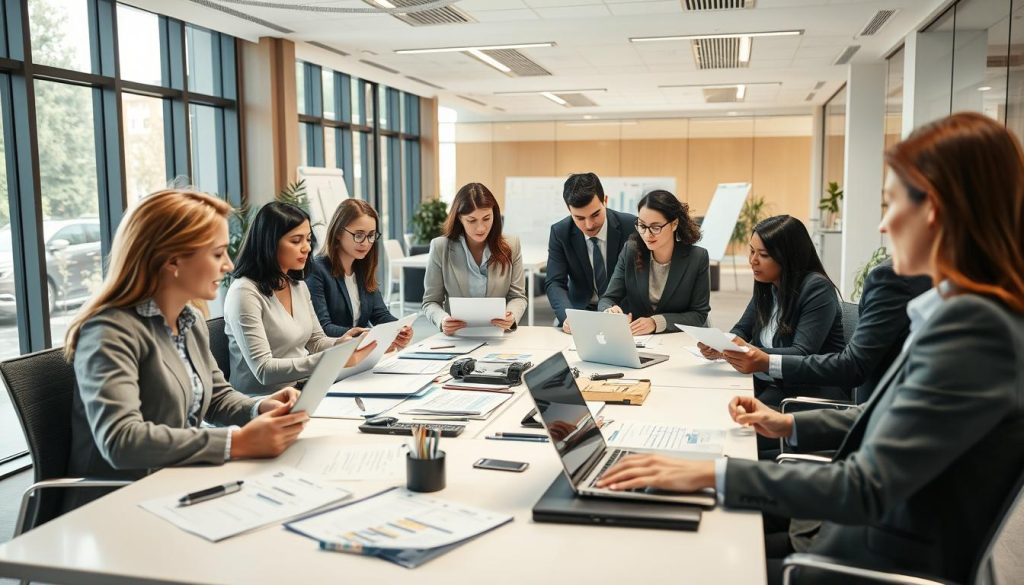 An office setting showcasing efficient administrative management related to salary portage. In the foreground, a diverse group of professionals in smart business attire are collaborating, reviewing documents and digital devices. They are engaged in discussions around a modern conference table. In the middle, various tools and resources, such as laptops, charts, and planning boards, illustrate organized workflow. In the background, a bright, open workspace with large windows allowing natural light, reflecting a vibrant and productive atmosphere. Soft lighting enhances the professionalism of the scene. The composition should convey a sense of teamwork, innovation, and support within the realm of administrative management.