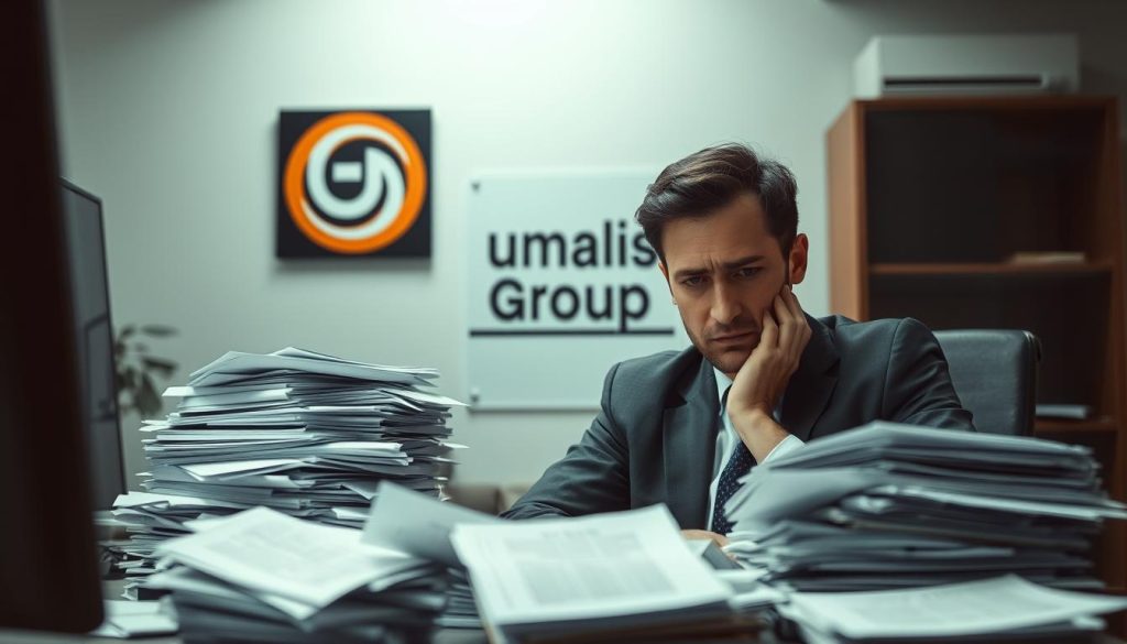 An office setting with a businessperson surrounded by stacks of paperwork, stressed expression on their face. In the background, a Umalis Group sign is visible, symbolizing the challenges and drawbacks of the freelance/contractor lifestyle. Soft, muted lighting casts shadows, conveying a sense of uncertainty and difficulty. The scene focuses on the inconveniences, limitations, and risks associated with the "portage salarial" or freelance employment model, as the article title suggests.