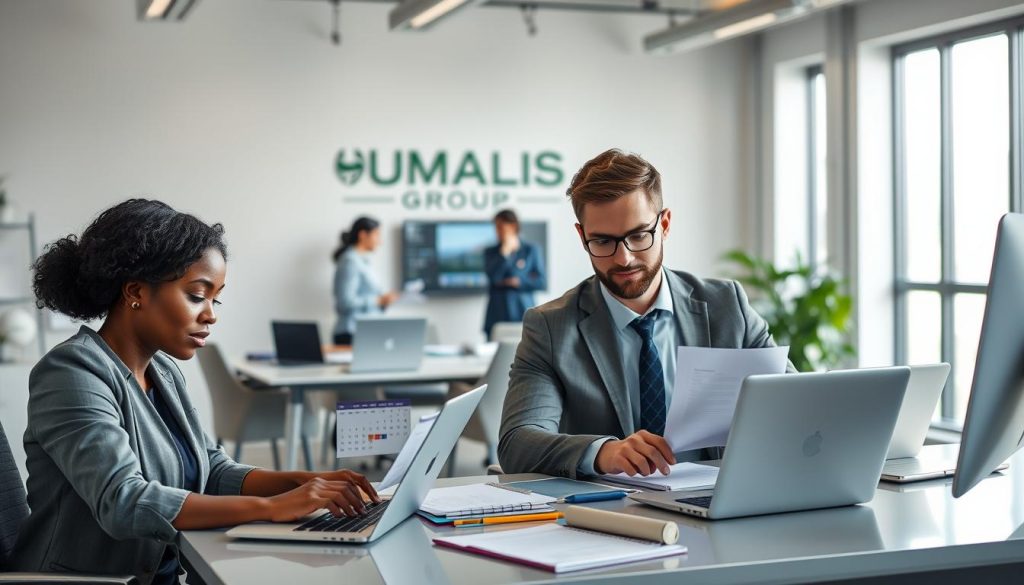 An office setting with a diverse group of professionals engaged in efficient administrative tasks. In the foreground, two business people, one African American woman and one Caucasian man, focus on paperwork at a sleek modern desk, wearing professional attire. The middle ground features a vibrant workspace with elements like laptops, files, and a digital calendar displaying deadlines. The background showcases a large window with natural light streaming in, illuminating the space and creating a sense of openness and flexibility. A subtle hint of the brand "UMALIS GROUP" is present on a conference room wall, enhancing the professional atmosphere. The overall mood is one of productivity and collaboration, emphasizing the ease and focus provided by delegated administrative management. An office setting with a diverse group of professionals engaged in efficient administrative tasks. In the foreground, two business people, one African American woman and one Caucasian man, focus on paperwork at a sleek modern desk, wearing professional attire. The middle ground features a vibrant workspace with elements like laptops, files, and a digital calendar displaying deadlines. The background showcases a large window with natural light streaming in, illuminating the space and creating a sense of openness and flexibility. A subtle hint of the brand "UMALIS GROUP" is present on a conference room wall, enhancing the professional atmosphere. The overall mood is one of productivity and collaboration, emphasizing the ease and focus provided by delegated administrative management.