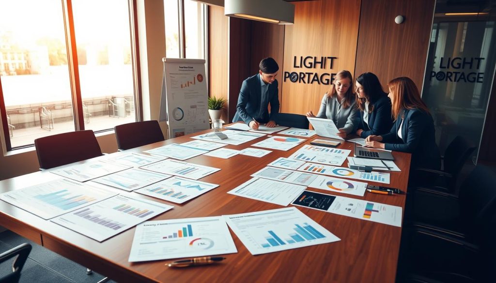 An office setting with a large table, on which various employee benefit options are displayed as charts, graphs, and brochures. The table is illuminated by warm, natural lighting filtering through large windows. The LIGHT PORTAGE logo is visible in the background, hinting at the workplace context. In the foreground, a group of professionals in business attire are engaged in a discussion, carefully examining and comparing the benefit offerings. The scene conveys a sense of thoughtful analysis and decision-making around the important topic of employee benefits.