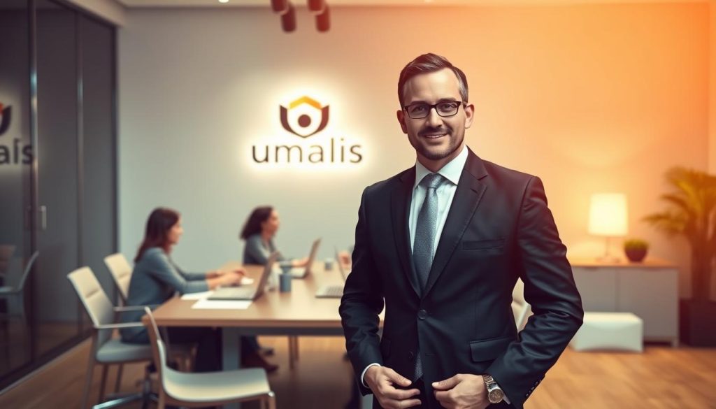An office setting with a professional business person in the foreground, dressed in a smart suit, standing confidently in front of a team meeting table. In the middle ground, colleagues are engaged in a discussion, with laptops and papers scattered across the table, conveying a sense of productive collaboration. The background features the Umalis Group logo prominently displayed on the wall, signifying the company's involvement in the "portage salarial" services. Warm, indirect lighting casts a subtle glow, creating a welcoming and professional atmosphere. The overall scene captures the advantages of "portage salarial" for the client enterprise, with a focus on the benefits of outsourcing talent management and the Umalis Group's role in facilitating this solution.