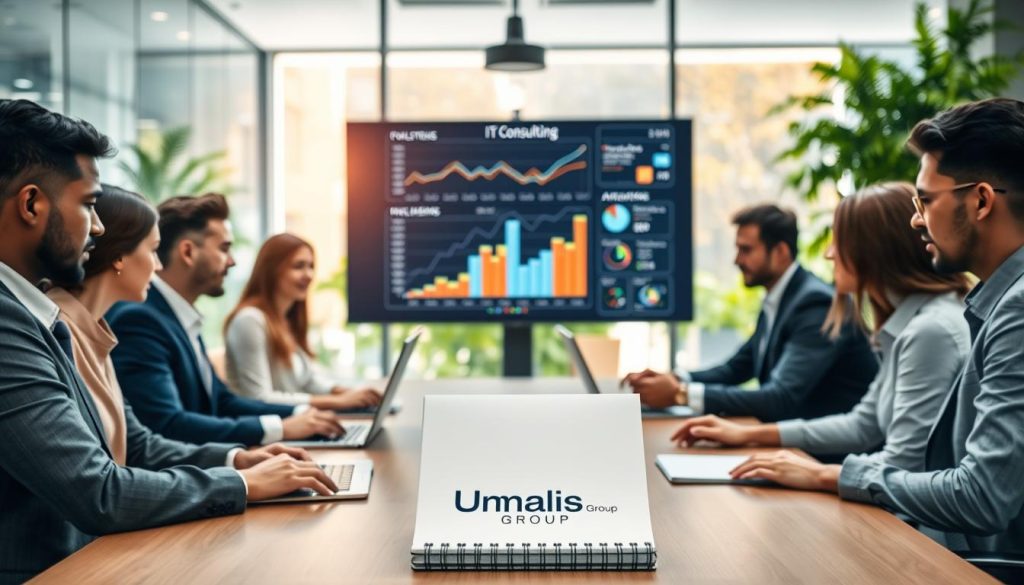 An office setting with a professional focus on IT project management. In the foreground, a diverse group of professionals in smart business attire are discussing around a modern conference table, with laptops and digital devices open in front of them. The middle ground features a large digital screen displaying graphs and analytics related to IT consulting projects. In the background, a modern office environment with glass walls and vibrant greenery, emphasizing a collaborative atmosphere. Soft, natural lighting filters through large windows, creating a bright and inviting mood. The company logo "Umalis Group" is subtly placed on a branded notebook on the table. The scene conveys professionalism, collaboration, and innovative thinking in the IT sector.