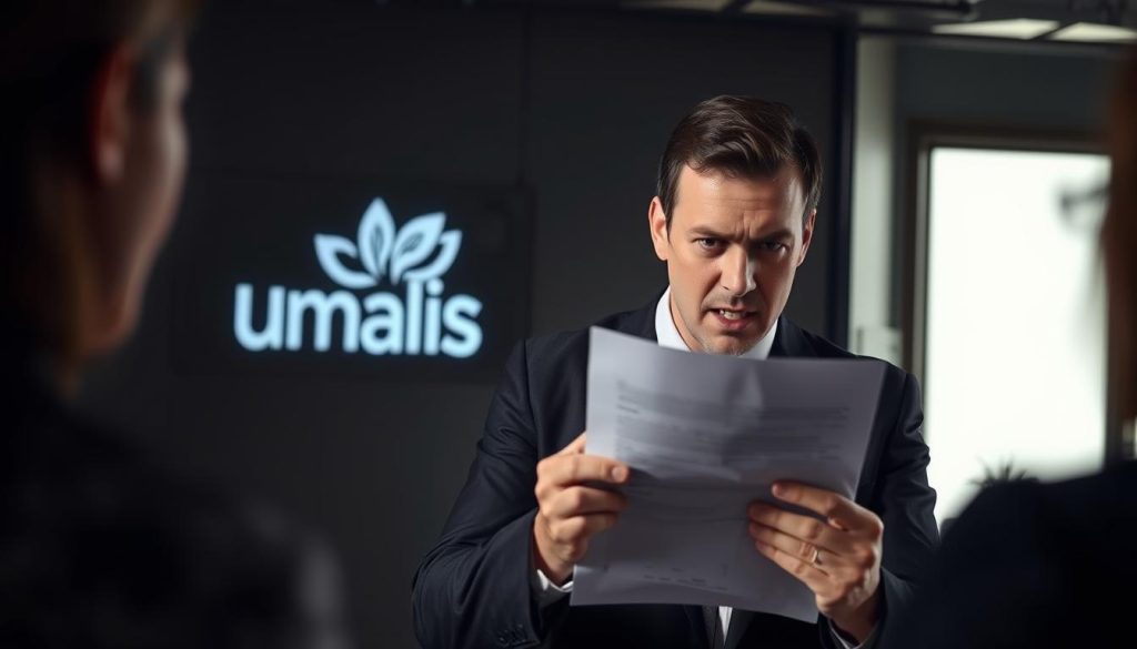 An office setting with a professional-looking man in a suit holding a document, seemingly in a tense discussion with another person. The lighting is dramatic, with shadows casting an air of uncertainty. In the background, the Umalis Group logo is prominently displayed, signifying the context of a "Portage Salarial" employment arrangement. The overall mood conveys the gravity and stress of a "Rupture de Contrat" scenario, with the focal point being the man's expression and body language as he navigates this challenging situation.
