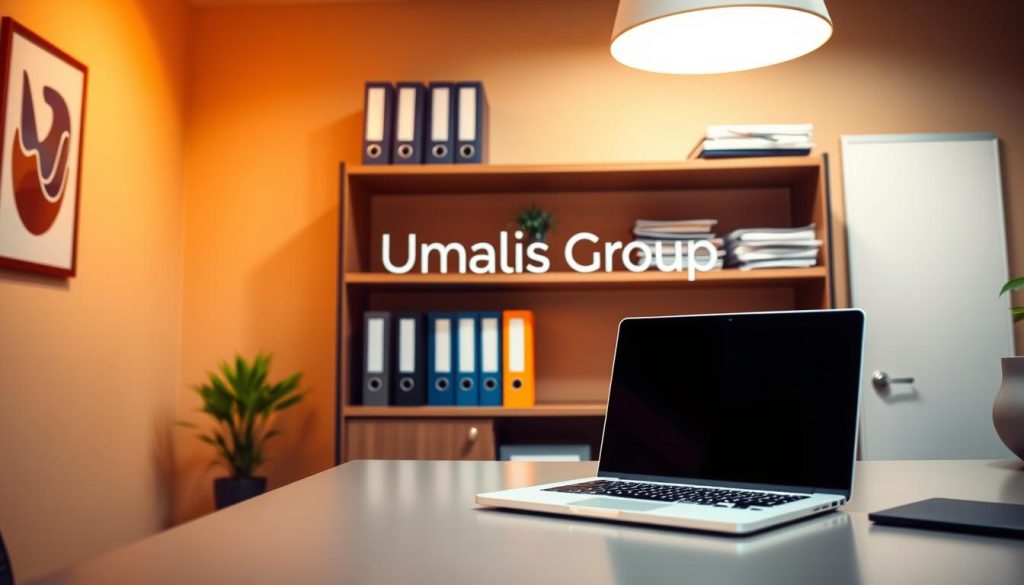 An office setting with a professional, well-organized administrative workstation. In the foreground, a laptop and document organizers sit atop a sleek, modern desk. Behind it, shelves neatly display folders and binders, representing the efficient organization of financial records. Warm, directional lighting casts a focused glow, creating a productive atmosphere. In the background, the Umalis Group logo is subtly displayed on the wall, conveying the professionalism and expertise of the administrative services provided. The scene evokes a sense of streamlined efficiency and financial optimization for independent professionals.