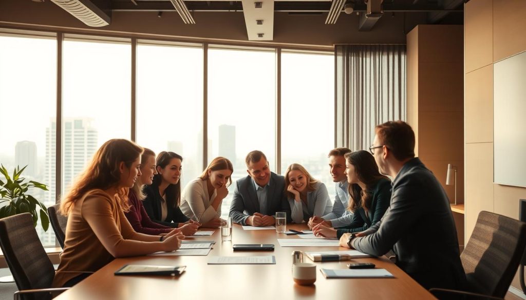 An office setting with a team of professionals collaborating on a business strategy for "gestion portage salarial". In the foreground, a diverse group of people gathered around a conference table, engaged in a lively discussion, their expressions focused and their body language conveying a sense of teamwork and problem-solving. In the background, a large window overlooking a cityscape, with warm natural lighting filtering in, creating a professional and productive atmosphere. The scene is captured with a medium-wide angle lens, emphasizing the collaborative nature of the setting. The overall mood is one of efficiency, organization, and a shared commitment to navigating the intricacies of "gestion portage salarial" successfully.
