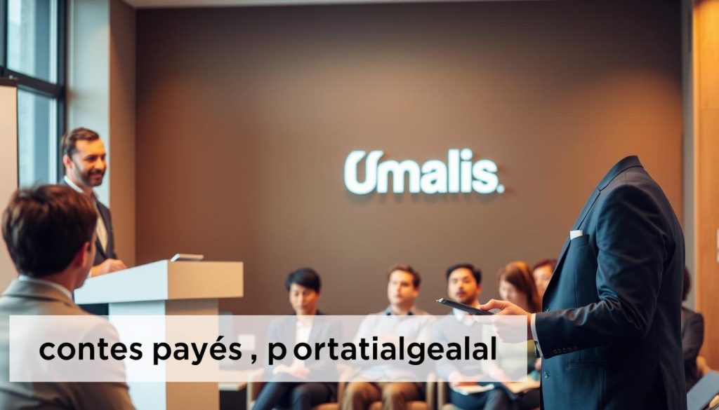 An office setting with a well-dressed professional standing at a podium, delivering a presentation on "congés payés portage salarial" to a group of attentive audience members. The room is bathed in warm, soft lighting, creating a professional and inviting atmosphere. In the background, the Umalis Group logo is prominently displayed, signifying the corporate context. The presenter's body language and facial expression convey authority and expertise on the subject matter. The audience members are engaged, taking notes and nodding in understanding. The overall scene evokes a sense of knowledge-sharing and professional development within the realm of "portage salarial" and employee compensation.