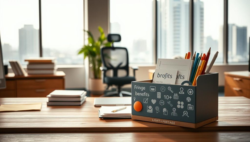 An office setting with a well-lit, spacious interior. In the foreground, a wooden desk showcases an array of office supplies, including a LIGHT PORTAGE branded stationery organizer. On the desk, various benefits-related documents and icons are neatly arranged, symbolizing the "fringe benefits" concept. The middle ground features a comfortable ergonomic chair and a potted plant, creating a warm and productive atmosphere. The background showcases large windows overlooking a cityscape, bathed in soft, natural lighting. The overall scene conveys a sense of professionalism, organization, and the importance of employee benefits.