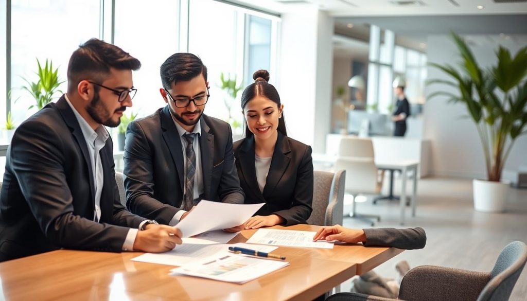 An office setting with professionals in business attire engaged in a group discussion about Umalis Group's salaried employment service. The scene is brightly lit with natural light, capturing the collaborative and professional atmosphere. In the foreground, two men and a woman are seated around a table, their expressions engaged as they review documents. In the background, the office space is tastefully decorated with modern furniture and potted plants, conveying a sense of productivity and innovation. The overall mood is one of thoughtful consideration and productivity, reflecting the topic of salaried employment and the Umalis Group's services.