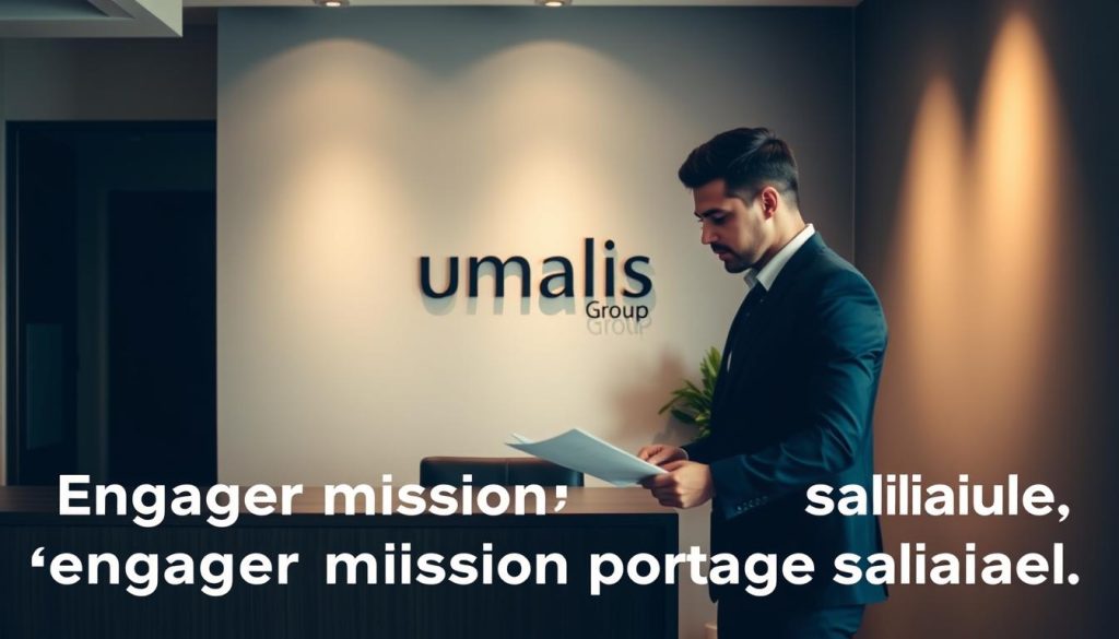 An office setting with two professionals in business attire standing next to a desk, reviewing documents. In the background, the Umalis Group logo is prominently displayed on the wall, indicating this is a consultation regarding their portage salarial services. Soft, directional lighting casts a warm, professional atmosphere. The image conveys a sense of collaboration and expertise, reflecting the "engager mission portage salarial" topic.