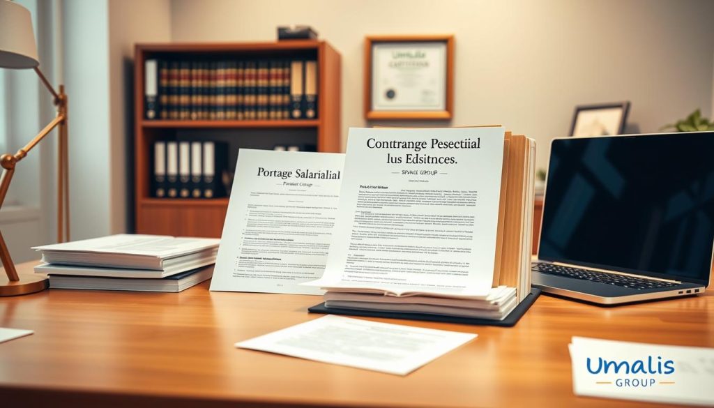 An office workspace with a wooden desk, laptop, and folders showcasing essential legal documents for Portage Salarial, a service provided by Umalis Group. Soft lighting illuminates the scene, highlighting the professional and authoritative atmosphere. In the background, a bookshelf with law books and a framed certificate add a sense of expertise and credibility. The overall composition conveys the importance of understanding the legal aspects and contractual requirements of Portage Salarial, a key topic in the article "Portage Salarial Juridique : Aspects Légaux et Sécurité."