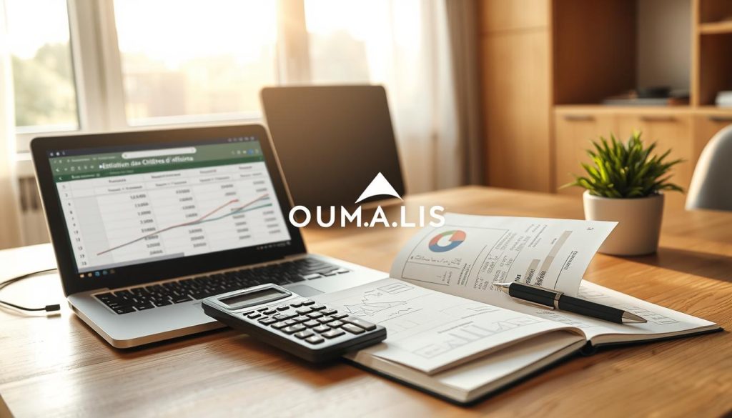 An open notebook on a wooden desk contains detailed financial graphs and calculations, illustrating revenue estimations and professional expenses, symbolizing the preparation of a startup budget. In the foreground, a sophisticated laptop displays a spreadsheet titled "Estimation des Chiffres d’Affaires" alongside a calculator, accented by a stylish pen lying beside it. A potted plant adds a touch of warmth to the scene. In the middle background, a large window showcases a bright, sunny day outside, casting soft natural light across the desk, enhancing a feeling of optimism and clarity. The overall atmosphere feels professional yet inviting, conducive to focused work. Include a subtle representation of the brand "UMALIS GROUP" integrated into the scene, perhaps as a watermark on the notebook’s cover.