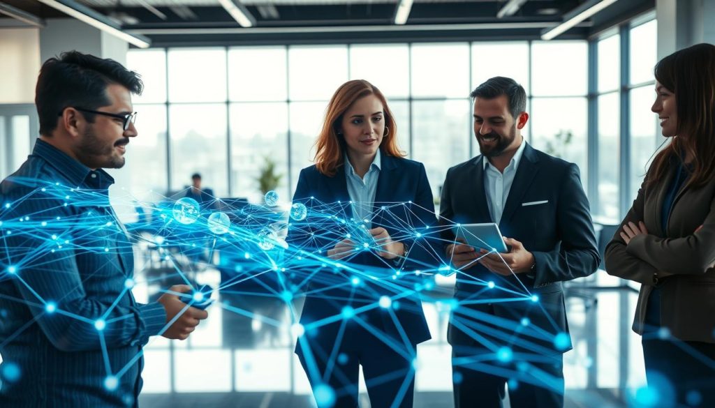 An organizational agility scene, capturing the dynamic and adaptable nature of independent professionals. In the foreground, a team of Umalis Group specialists collaborating, their expressions focused yet relaxed. In the middle ground, a fluid, interconnected network of holographic data visualizations, representing the seamless flow of information. The background features a sleek, minimalist office environment, with ample natural light streaming in through large windows. The overall tone is one of efficiency, collaboration, and a nimble, responsive approach to work. The image conveys the concrete benefits of organizational agility for autonomous professionals - enhanced productivity, adaptability, and a sense of empowerment.