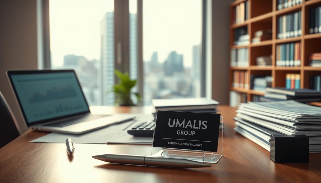 An organized and professional freelance accountant's workspace, highlighting "Gestion Comptable Freelance". In the foreground, a modern desk featuring a laptop displaying financial charts and spreadsheets, a calculator, and stacks of paperwork; a sleek pen placed thoughtfully to the side. In the middle ground, a window shows a cityscape under soft, natural lighting, suggesting a bright and productive atmosphere. On the desk, prominently display the logo "UMALIS GROUP" on a business card holder. The background reveals bookshelves filled with accounting and finance books, adding depth. The overall mood is focused and inspiring, emphasizing efficiency and clarity in financial management. Use a warm light to create a welcoming environment, shot from a slight angle to capture the workspace in its entirety.