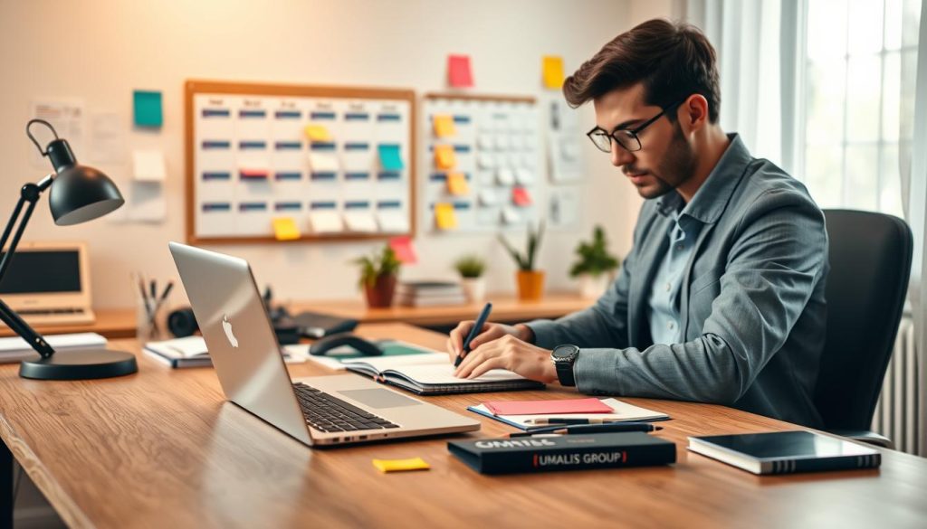 An organized freelance workspace, with a sleek wooden desk adorned with a high-quality laptop, a stylish planner, and color-coded sticky notes. In the foreground, a focused freelancer, dressed in smart casual attire, is actively planning their day, surrounded by a sense of productivity. The middle ground showcases a well-structured wall with a calendar and time management tools, emphasizing organization. The background features a soft-focus window with natural light streaming in, creating a warm and inspiring atmosphere. The mood is motivational and efficient, underscoring the essence of time management for freelancers. Include subtle branding elements of UMALIS GROUP on the desk items, enhancing the professional environment.