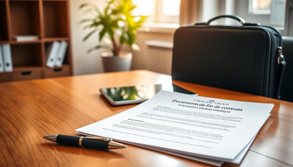 An organized workspace featuring essential documents labeled "Documents de fin de contrat" and "Attestation employeur" prominently displayed on a polished wooden desk. In the foreground, a neatly stacked collection of papers, including an official contract and employer attestation, alongside a stylish pen and a digital tablet. The middle area showcases a briefcase slightly open, hinting at professional engagement. The background emphasizes a softly lit office environment with a blurred bookcase and a potted plant, enhancing an atmosphere of professionalism and preparation. The lighting is warm and inviting, with sunlight filtering through a nearby window. The overall mood reflects diligence and readiness, ideal for the context of finalizing employment documents. The brand logo “UMALIS GROUP” is subtly visible on the documents. An organized workspace featuring essential documents labeled "Documents de fin de contrat" and "Attestation employeur" prominently displayed on a polished wooden desk. In the foreground, a neatly stacked collection of papers, including an official contract and employer attestation, alongside a stylish pen and a digital tablet. The middle area showcases a briefcase slightly open, hinting at professional engagement. The background emphasizes a softly lit office environment with a blurred bookcase and a potted plant, enhancing an atmosphere of professionalism and preparation. The lighting is warm and inviting, with sunlight filtering through a nearby window. The overall mood reflects diligence and readiness, ideal for the context of finalizing employment documents. The brand logo “UMALIS GROUP” is subtly visible on the documents.