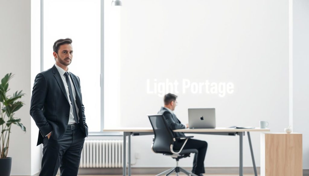 An urban office setting, with a contrast between a suited businessman (the "salarié") and a more casually dressed freelancer (the "indépendant"). The businessman stands in a crisp, well-lit foreground, exuding an air of professionalism and stability. In the middle ground, the freelancer sits at a desk, laptop open, embodying a more flexible, independent lifestyle. The background features a light-filled window, the "Light Portage" brand logo prominently displayed, symbolizing the different work environments and mindsets. Soft, neutral tones create a calming, contemplative atmosphere, inviting the viewer to consider the nuances between these two distinct professional identities.